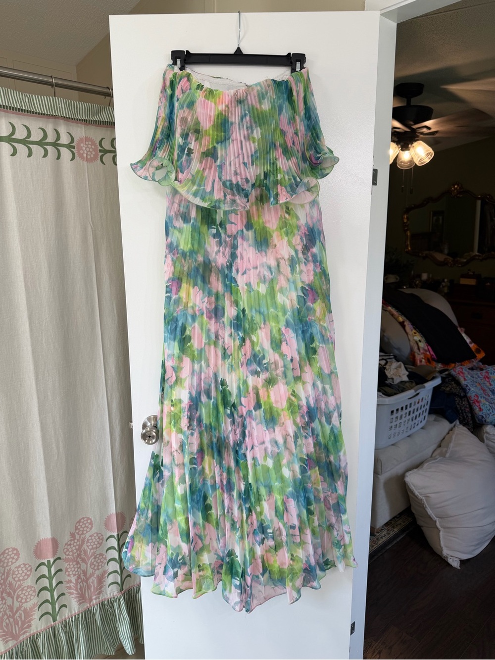 Floral Pleated Off-Shoulder Maxi Dress in Pastel Pink & Green